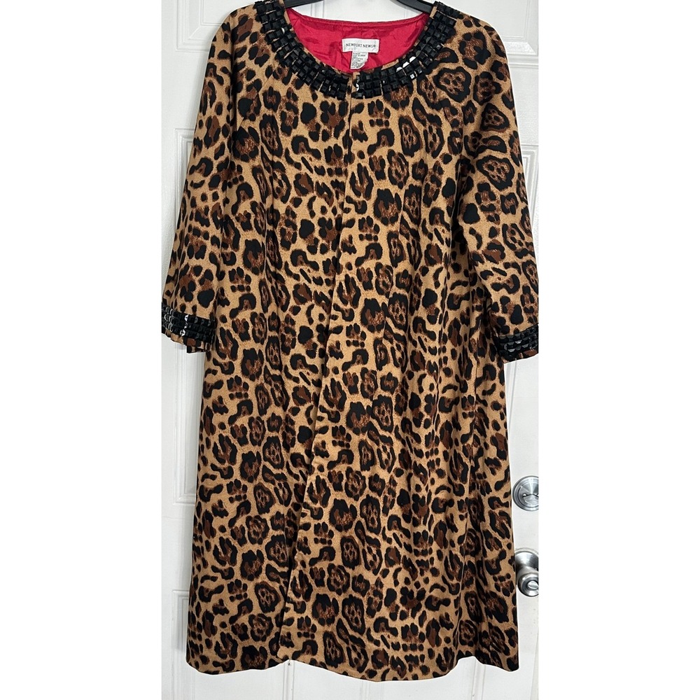 Newport News Vintage Leopard Print Duster Overcoat Studded 18W Brown Red Lining